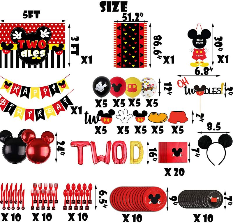 Photo 2 of 147PCS Mickey 2nd Birthday Party Supplies Decorations, Oh Twodles Balloons, Mouse Backdrop, Flatware, Spoons, Fork, Knife, Plates, Table Covers, Banner, Napkins, Cake Toppers for Boys Girls Baby Bday New