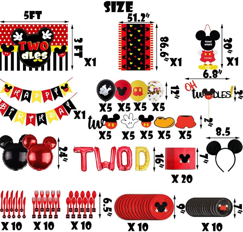 Photo 1 of 147PCS Mickey 2nd Birthday Party Supplies Decorations, Oh Twodles Balloons, Mouse Backdrop, Flatware, Spoons, Fork, Knife, Plates, Table Covers, Banner, Napkins, Cake Toppers for Boys Girls Baby Bday New