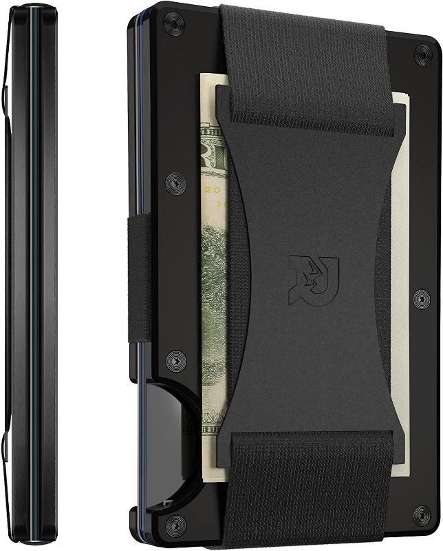 Photo 1 of The Ridge Minimalist Slim Wallet For Men - RFID Blocking Front Pocket Credit Card Holder - Aluminum Metal Small Mens Wallets with Cash Strap (Black)