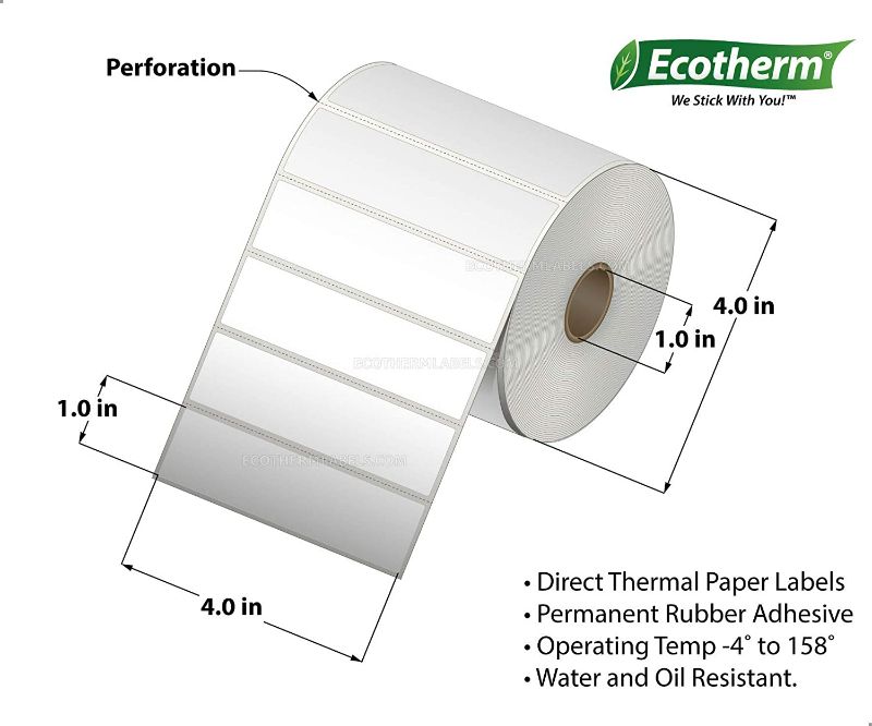 Photo 2 of Ecotherm 4x1 Thermal Labels - 1310 Paper Stickers Per Roll -  fits Zebra LP2844, GC420, GK420, GX430, ZD220, ZD420, ZD500, ZD620, ZP-500, GT800 Direct Thermal Printers New