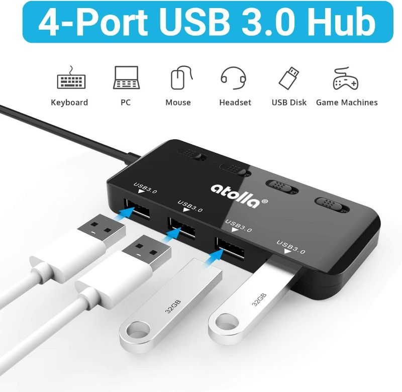 Photo 2 of USB 3.0 Hub Splitter - USB Extender 4 Port USB Ultra Slim Data Hub with Individual Power Switch and LED New