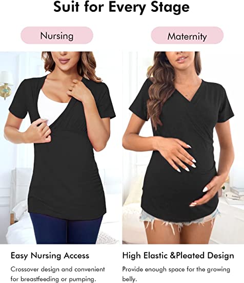 Photo 3 of Liu & Qu Womens Maternity Nursing Tops Short Sleeve Breastfeeding Shirts Heather V Neck Clothes Black Medium New
