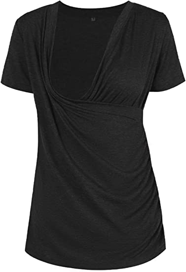 Photo 1 of Liu & Qu Womens Maternity Nursing Tops Short Sleeve Breastfeeding Shirts Heather V Neck Clothes Black Medium New