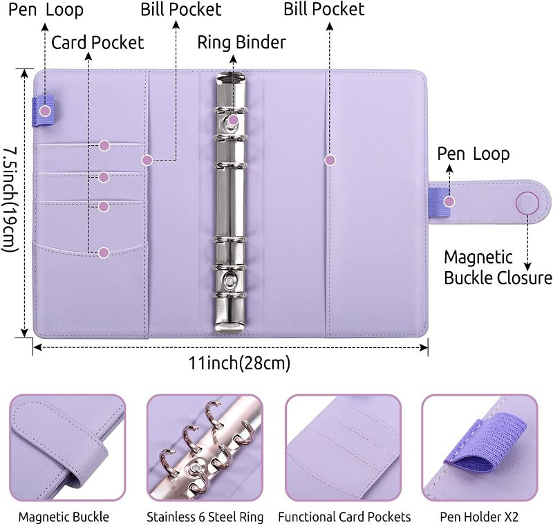 Photo 4 of SKYDUE A6 Budget Binder,Money Organizer for Cash with 8pcs Zipper Envelopes,12pcs Expense Budget Sheets & 24 Rose Gold Sticky Labels,Money Saving Binder for Budgeting Purple New