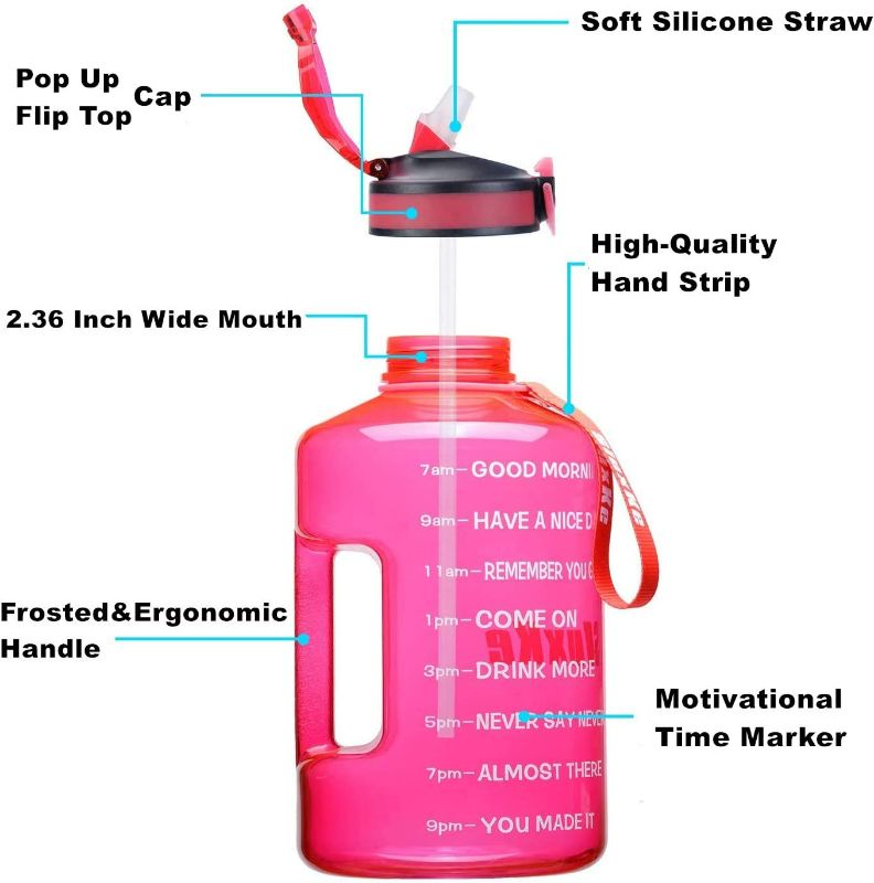 Photo 3 of SLUXKE 1 Gallon Water Bottle with Time Marker and Straw, BPA Free 128oz Leak Proof Motivational Large Water Bottle Jug with Handle, Pop Up Open Sports Big Bottle Jug with Comfortable Silicone Nozzle Pink New