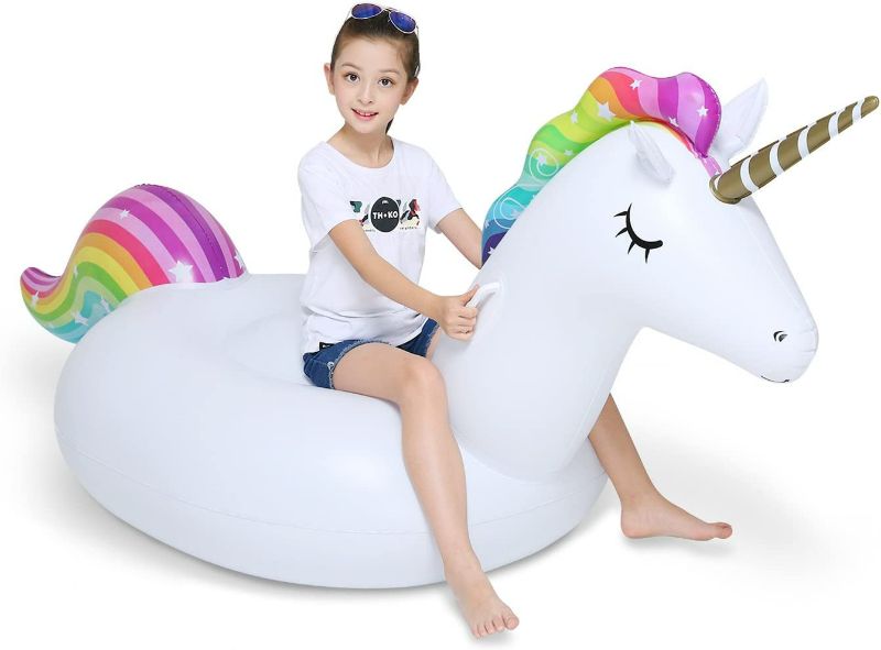 Photo 2 of Jasonwell Big Inflatable Unicorn Pool Float Floatie Ride On with Fast Valves Large Rideable Blow Up Summer Beach Swimming Pool Party Lounge Raft Decorations Toys Kids Adults New 