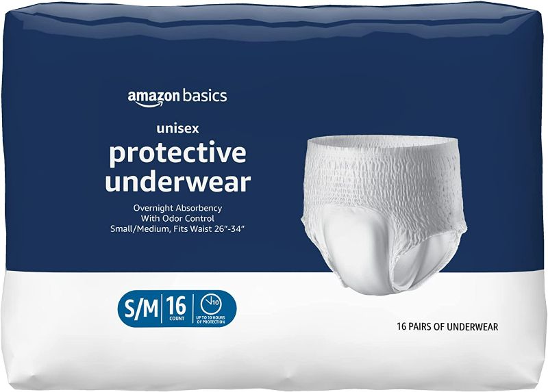 Photo 1 of Amazon Basics Incontinence Underwear for Men and Women, Overnight Absorbency, Small/Medium, 16 Count, 1 Pack (Previously Solimo) New