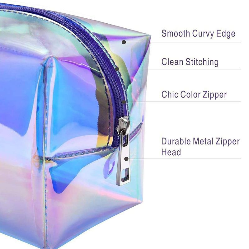 Photo 3 of F-color Holographic Makeup Bag - Clear Makeup Bag for Women - Travel Clear Cosmetic Bag - Waterproof Large Clear Makeup Pouch with Zipper , Purple New
