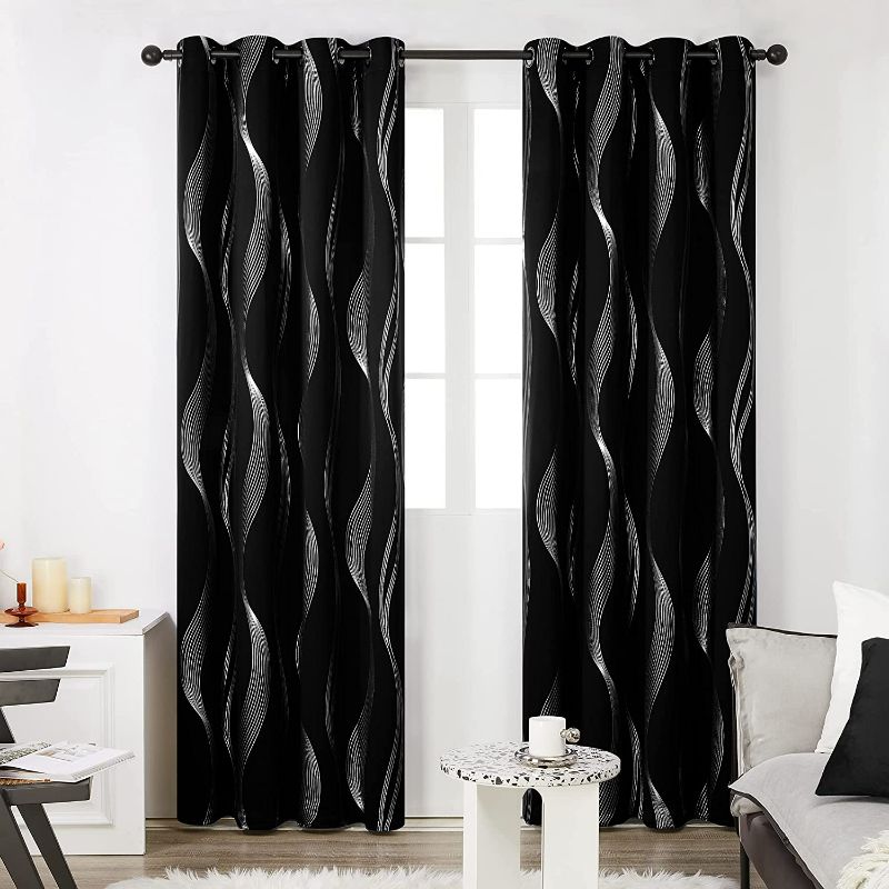 Photo 2 of Deconovo Thermal Insulated Room Darkening Black Blackout Curtains with Silver Stripe Pattern, Grommet Curtains for Living Room, 2 Panels, 52 by 84 Inch new