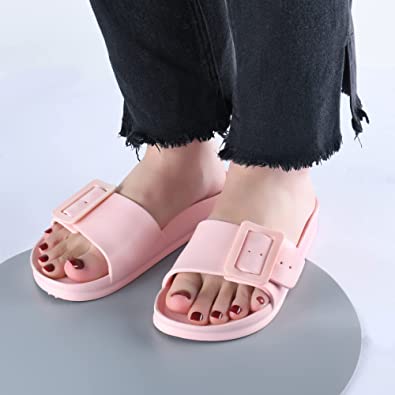 Photo 2 of Telifor Womens Shower Bathroom-Slides-Sandals, Comfort Quick Dry Beach Sandals Adjustable-Eva-Buckle Slip on Slides Lightweight Waterproof-Summer-Slippers for Bath Pool House Pink Size 5 New