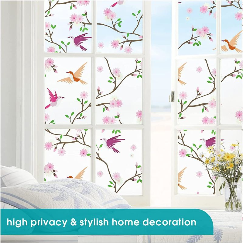 Photo 2 of Window Privacy Film Frosted Glass Window Clings Decorative Stained Bird Window Stickers Self Static Anti Glare Window Coverings Heat Control Window Tinting Film for Home Glass Door 35.4 x 118.1Inch New
