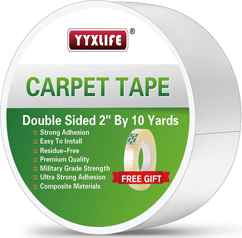 Photo 1 of YYXLIFE Double Sided Carpet Tape for Area Rugs Carpet Adhesive Removable Multi-Purpose Rug Tape Cloth for Hardwood Floors, Outdoor Rugs, Carpets Heavy Duty Sticky Tape, 2 Inch x 10 Yards, White