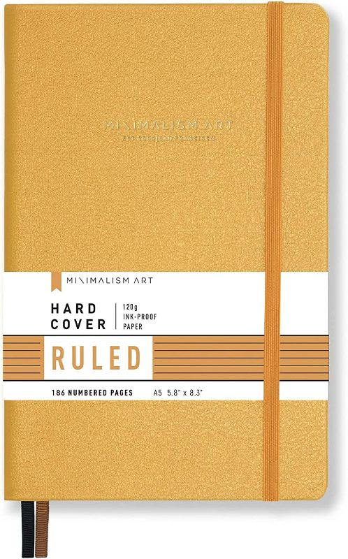 Photo 1 of Minimalism Art, Premium Hard Cover Notebook Journal, Medium Size, A5 5.8" x 8.3", 186?Numbered?Pages, Gusseted?Pocket, Ribbon Bookmark, Extra Thick Ink-Proof?Paper?120gsm (Wide Ruled, Brown)