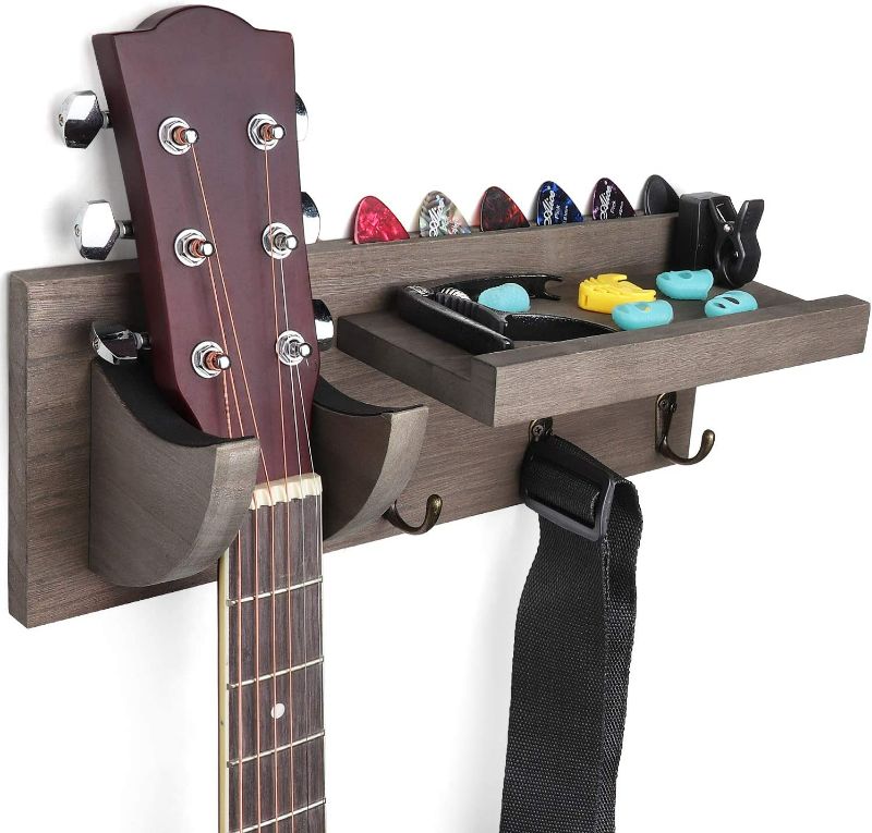 Photo 1 of Bikoney Guitar Wall Hanger Guitar Holder Wall Mount Wood Guitar Rack with Pick Holder and 3 Hooks for Acoustic Electric and Bass Guitars Weathered Grey, [U.S. Patent] New