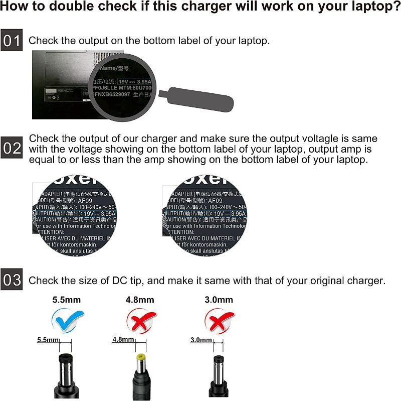 Photo 2 of Roxelt 75W 19V 3.95A Compatible for Computer Toshiba HP Acer Computer Laptop AC Adapter Power Supply Charger with US Power Cord for Satellite 1000 A85-S107 L15 M105-S1021 New