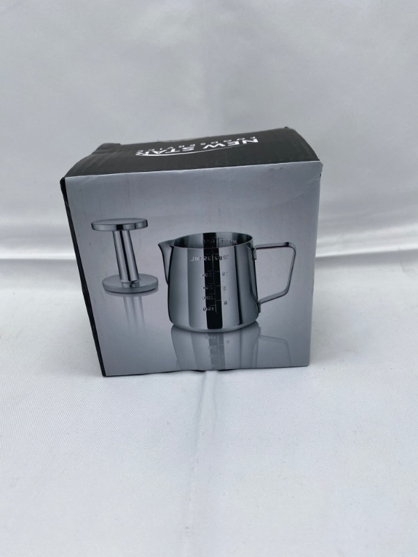 Photo 2 of New Star Foodservice 28829 Commercial Grade Stainless Steel 18/8 12 oz Frothing Pitcher and Die Cast Aluminum Tamper Combo Set, Silver