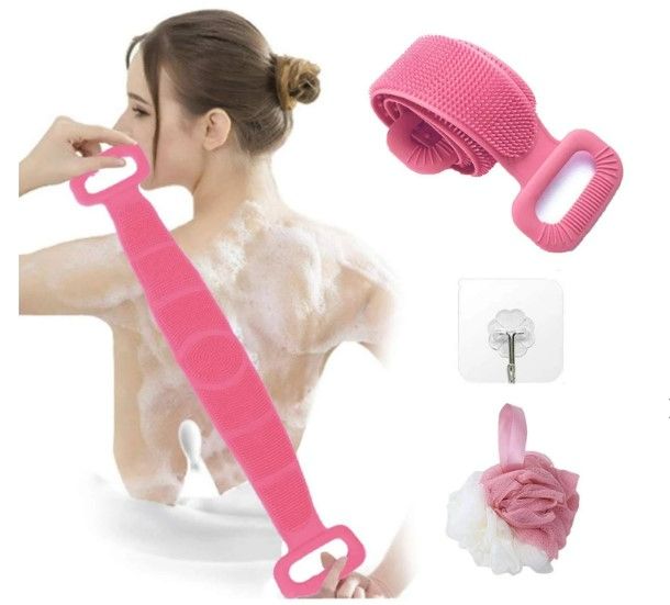 Photo 1 of Silicone Bath Shower Body Brush Bath Belt Exfoliating Brush Wash with Loofa - Pink 