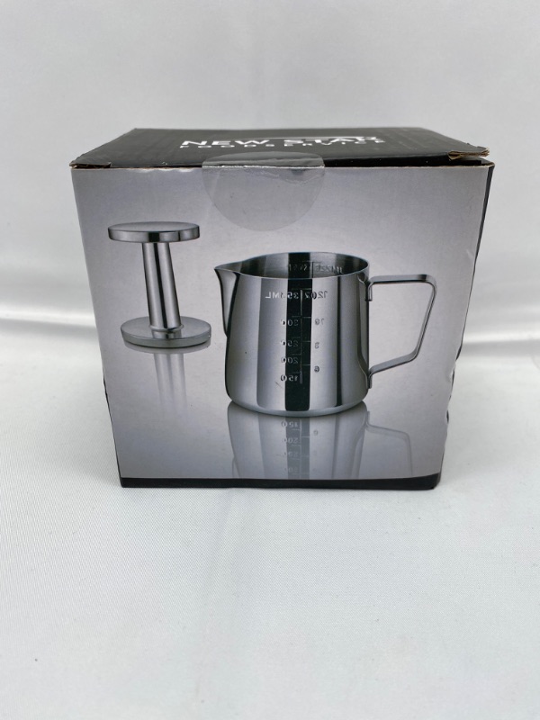 Photo 2 of New Star Foodservice 28829 Commercial Grade Stainless Steel 18/8 12 oz Frothing Pitcher and Die Cast Aluminum Tamper Combo Set, Silver