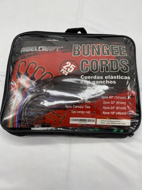 Photo 2 of AWELCRAFT Heavy Duty Bungee Cords Assortment 25 Piece in Carry Bag - Includes 10", 18", 24", 32", 40" Bungee Cord and 8" Canopy/Tarp Ball Ties, Cargo Net 25PK New