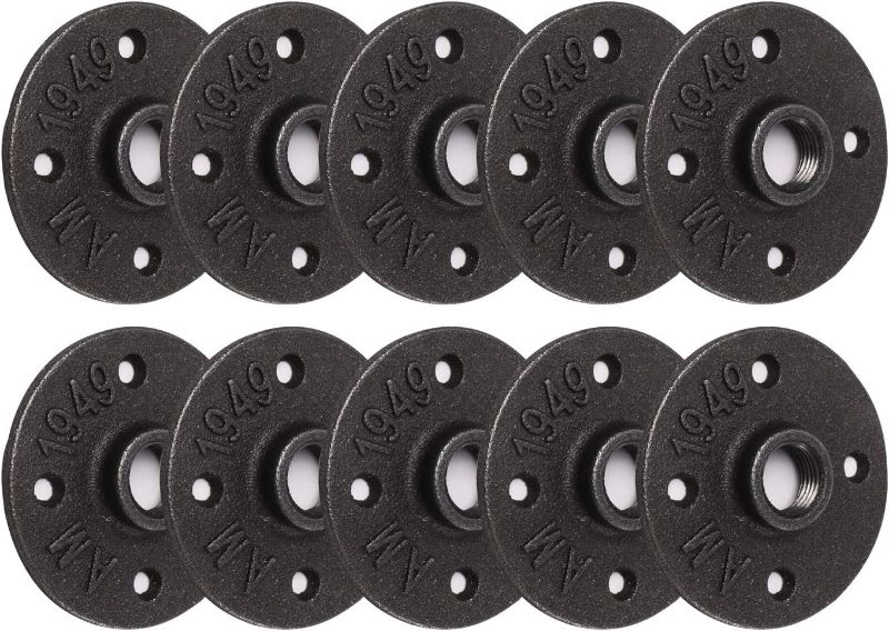 Photo 1 of 1/2" Floor Flange, Home TZH 10 Pack 4 Bolts Malleable iron Pipe Flange for Industrial vintage style, Flanges with Threaded Hole for DIY Project/Furniture/Shelving Decoration(10, 1/2") New