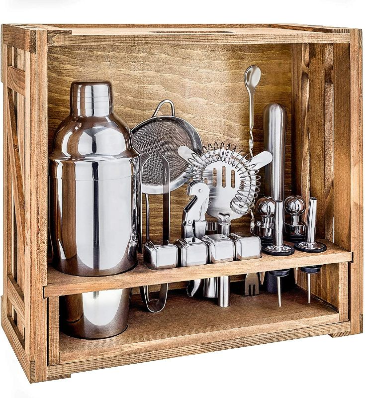 Photo 1 of 18 Piece Cocktail Shaker Set with Rustic Pine Stand, Gifts for Men Dad Grandpa,Stainless Steel Bartender Kit Bar Tools Set, Home, Bars, Parties and Traveling (Silver) New