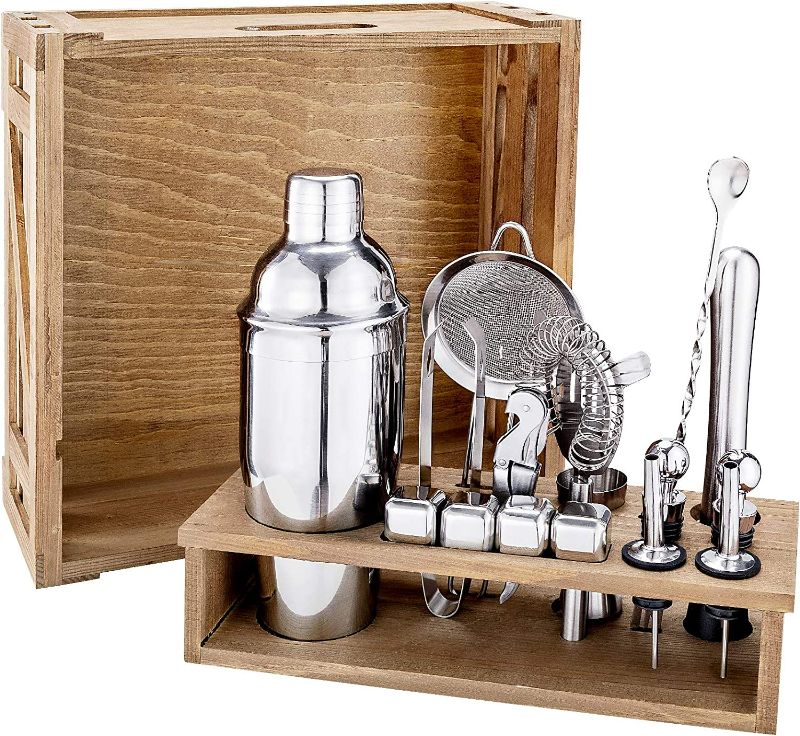 Photo 3 of 18 Piece Cocktail Shaker Set with Rustic Pine Stand, Gifts for Men Dad Grandpa,Stainless Steel Bartender Kit Bar Tools Set, Home, Bars, Parties and Traveling (Silver) New