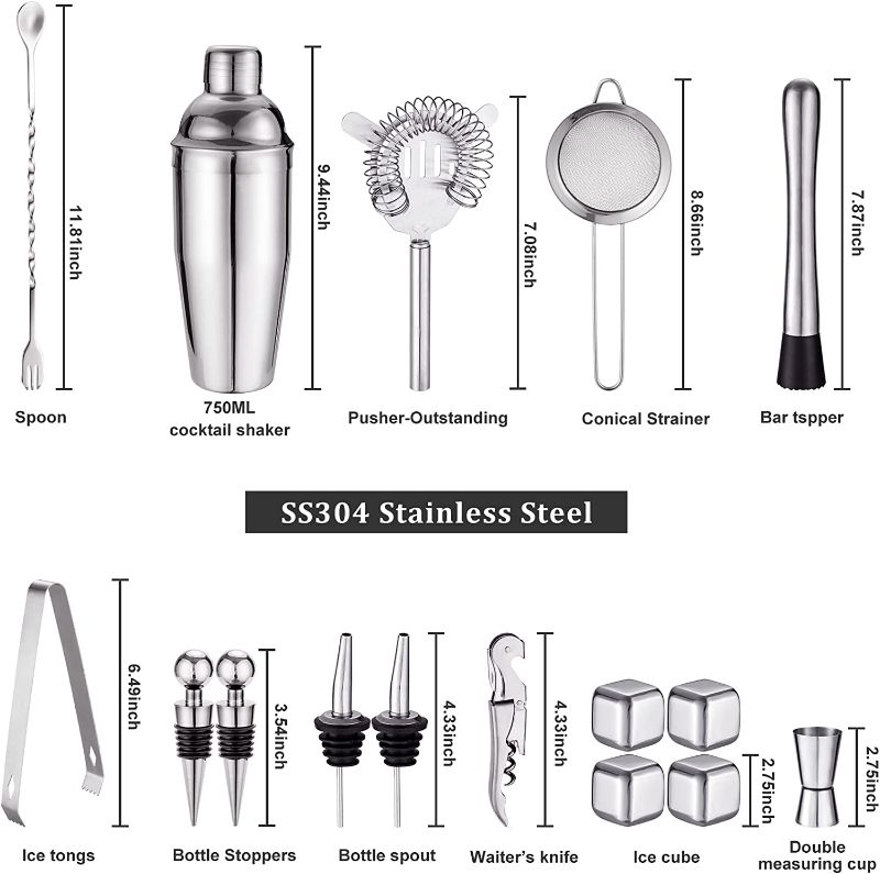 Photo 2 of 18 Piece Cocktail Shaker Set with Rustic Pine Stand, Gifts for Men Dad Grandpa,Stainless Steel Bartender Kit Bar Tools Set, Home, Bars, Parties and Traveling (Silver) New