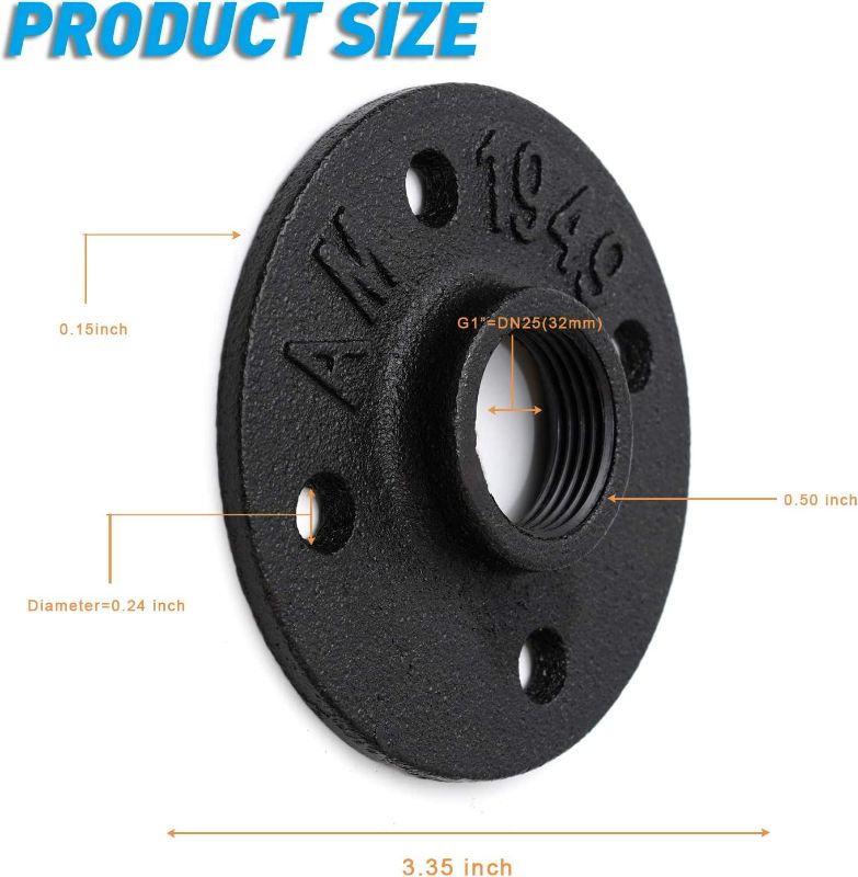 Photo 2 of 1" Black Painted Floor Flange, Home TZH 20 Pack 4 Bolts Pipe Flange for Industrial vintage style, Flanges with Threaded Hole for DIY Project/Furniture/Shelving Decoration (20, 1 Inch Black) New
