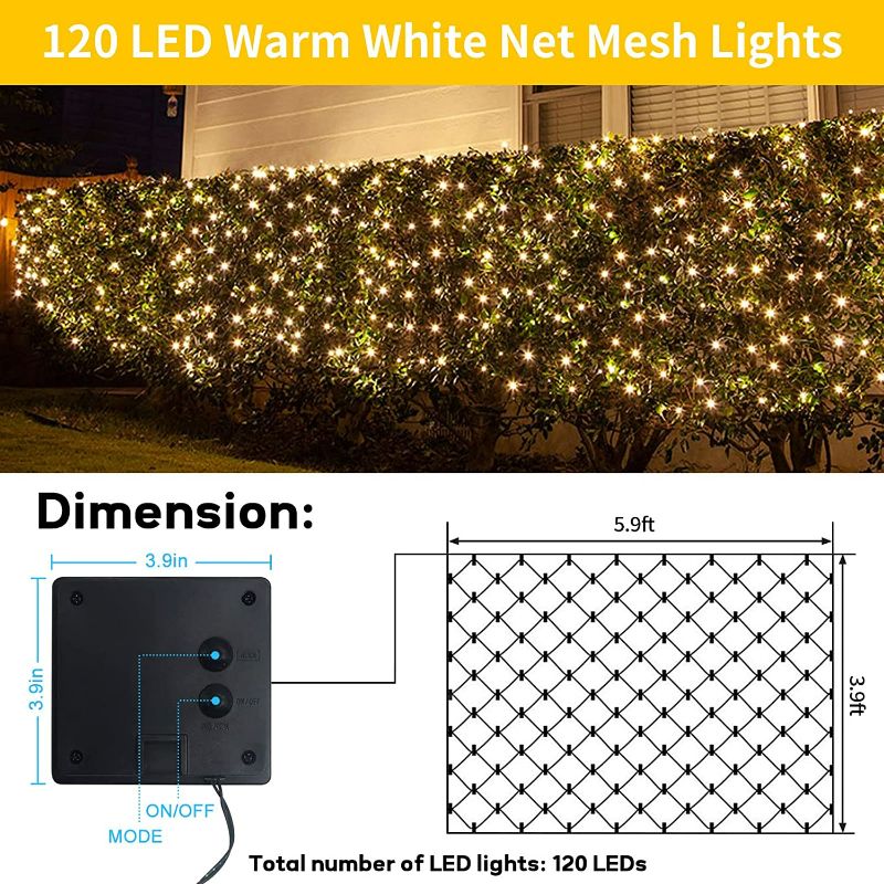 Photo 2 of echosari Solar LED Net Lights, 5.9Ft x 3.9Ft 120 LED Mesh Lights with 8 Modes, IP65 Waterproof Fairy Fence Lights for Outdoor Fence Garden Backyard Wedding Party (Warm White)