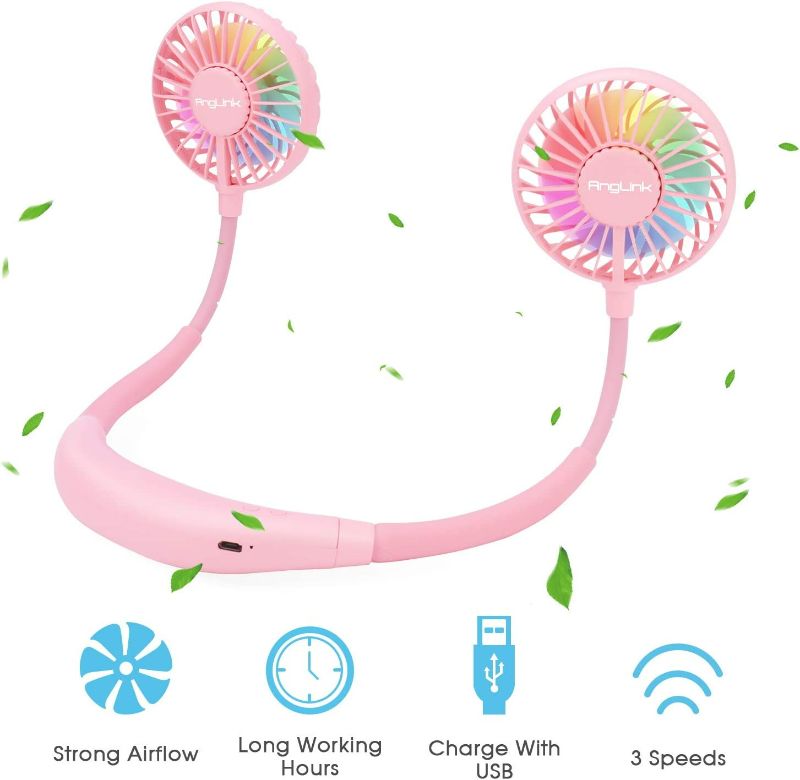 Photo 2 of Anglink Portable Neck Fan with Colorful Led Light 360° Rotation - Quiet Hand Free USB Rechargeable Battery Operated Small Personal Fans for Kids Travel Camping Outdoor Office | Pink New