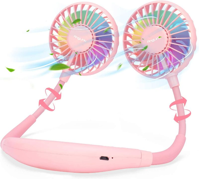 Photo 1 of Anglink Portable Neck Fan with Colorful Led Light 360° Rotation - Quiet Hand Free USB Rechargeable Battery Operated Small Personal Fans for Kids Travel Camping Outdoor Office | Pink New
