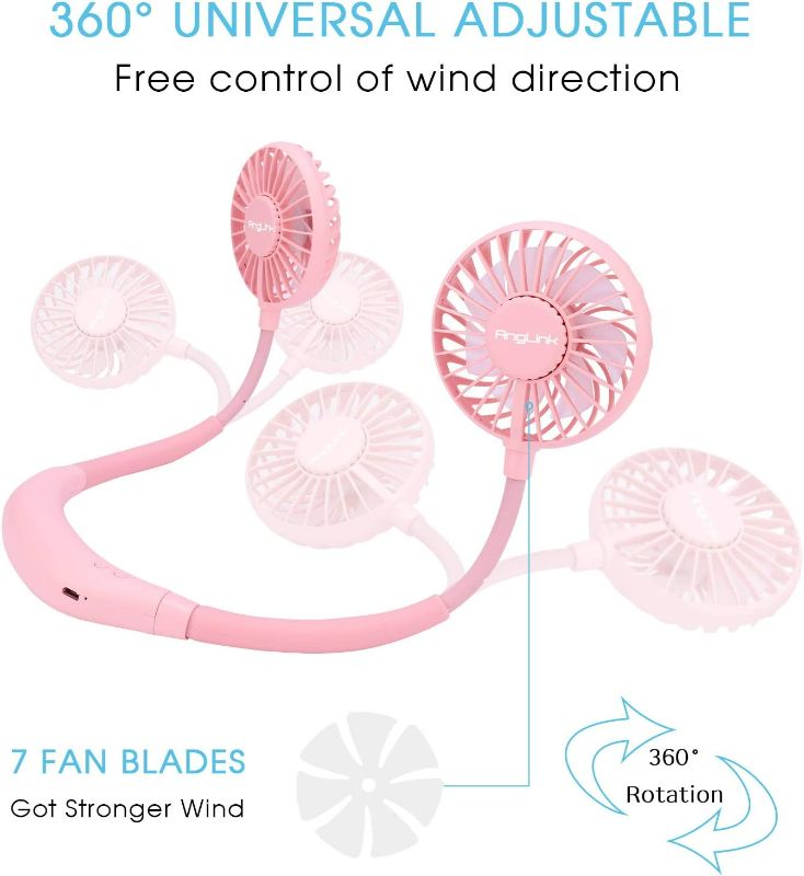 Photo 3 of Anglink Portable Neck Fan with Colorful Led Light 360° Rotation - Quiet Hand Free USB Rechargeable Battery Operated Small Personal Fans for Kids Travel Camping Outdoor Office | Pink New