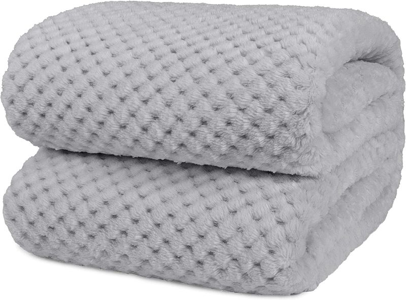 Photo 1 of Flannel Fleece Bed Throw Blanket for Sofa Couch | Light Grey Waffle Textured Soft Fuzzy Blanket | Warm Cozy Microfiber Plush | Full Size 80 x 90 | Lightweight, All Season