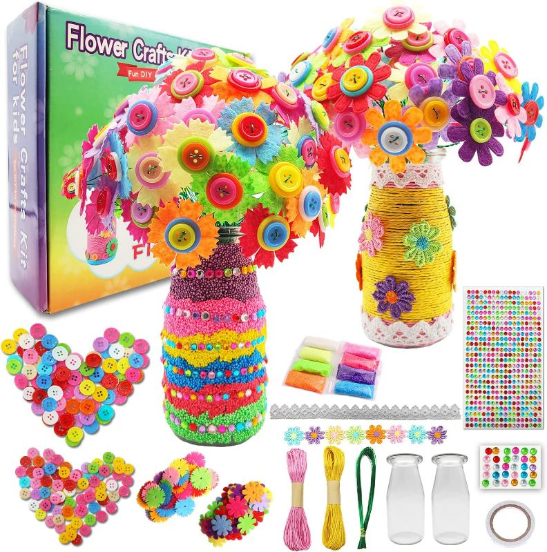 Photo 1 of Crafts for Girls Ages 6-12 Make Your Own Flower Bouquet with Buttons and Felt Flowers, Vase Art and Craft for Children - DIY Activity Christmas Birthday Gift for Girls Age 6 7 8 9 10 11 12 Year Old