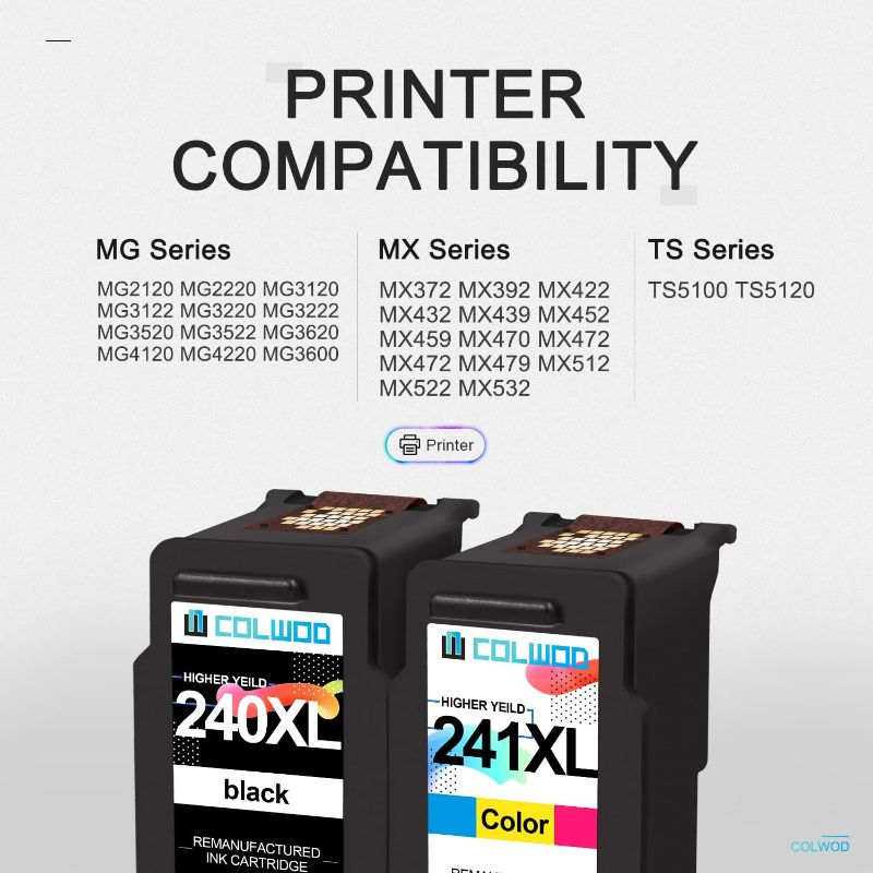 Photo 1 of COLWOD Remanufactured Ink cartridges 240 and 241 Replacement for Canon PG-240XL CL-241XL 240 XL 241 XL Used with Canon PIXMA MG3620 TS5120 MX472 MX452 MG3220 MG3522 MG3520 Printer (1 BK+1 Tri-Color)