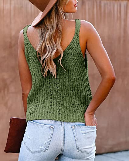 Photo 2 of Nulibenna Women's Summer Loose Cami Crochet V-Neck Halter Tops Trendy Sexy Knit Crop Tank Casual Sleeveless Sweaters Vest Green