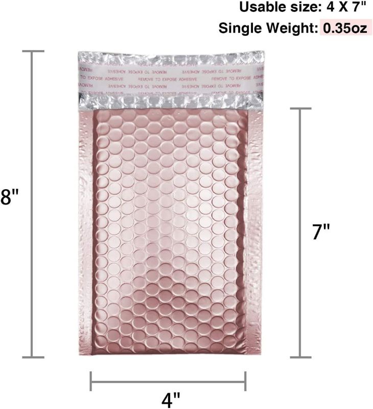 Photo 2 of 4x8 Inch Matte Glamour Metallic Bubble Mailers, Self-seal Closure Envelopes Shipping Bags- 25pcs (Rose Gold)