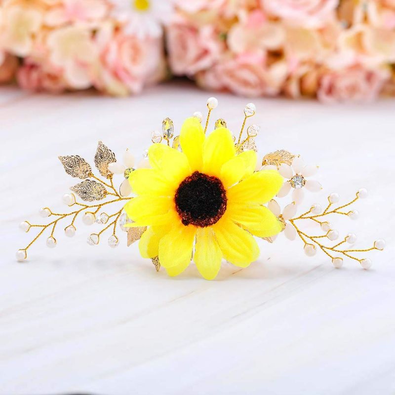 Photo 2 of Barogirl Bridal Sunflower Hair Comb Clip Crystal Bride Gold Wedding Hair Accessories for Women (Gold)