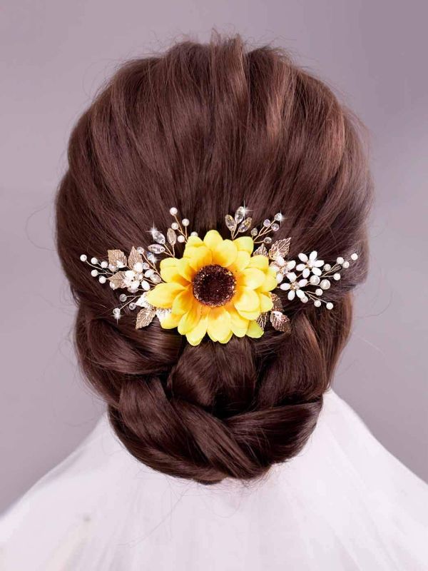 Photo 3 of Barogirl Bridal Sunflower Hair Comb Clip Crystal Bride Gold Wedding Hair Accessories for Women (Gold)