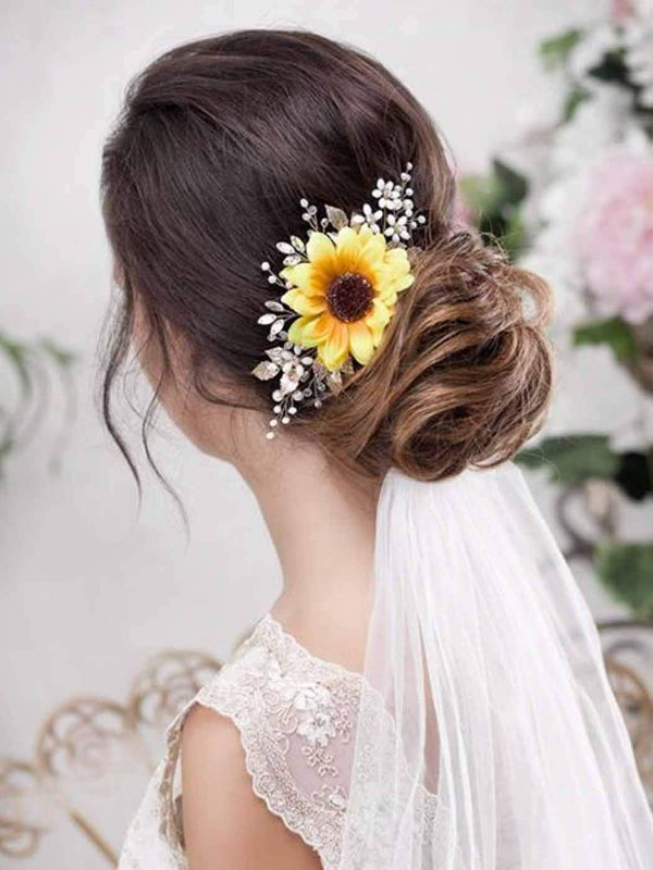 Photo 1 of Barogirl Bridal Sunflower Hair Comb Clip Crystal Bride Gold Wedding Hair Accessories for Women (Gold)