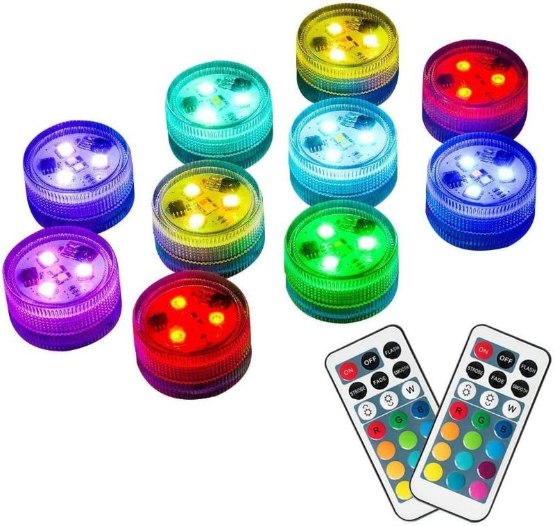 Photo 1 of Homemory 10pcs Mini Submersible LED Lights with Remote, Multicolor Waterproof Small Tealight Candles, Battery Operated Underwater Color Changing EFX Light for Vase, Shower, Pool, Halloween Decorations