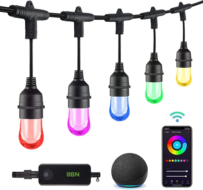Photo 1 of HBN 24ft Outdoor String Lights RGBW-Smart String Lights Color Changing,12 Shatterproof Bulbs, 2.4 GHz Wi-Fi & Bluetooth App Control, Works with Alexa/Google Home, Heavy Duty 18/5 SJTW, IP65 Waterproof