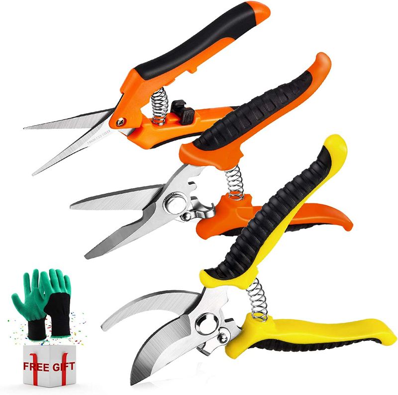 Photo 1 of 3 Pack Garden Pruning Shears Stainless Steel Blades Handheld Pruners Set with Gardening Gloves