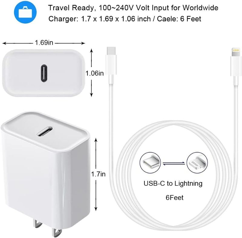 Photo 2 of iPhone 14 13 Fast Charger, [Apple MFi Certified] USB C Wall Charger Fast Charging 20W PD Adapter with 6FT Type-C to Lightning Cable Compatible with iPhone 14 13 12 Pro Max Mini 11 Xs XR X 8 and More