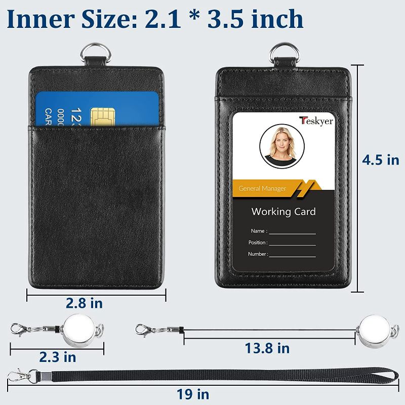 Photo 2 of Teskyer ID Badge Holder with Retractable Lanyard, Easy Swipe Premium PU Leather ID Card Holder with 2 Card Slots for Work ID, School ID, Metro Card and Access Card