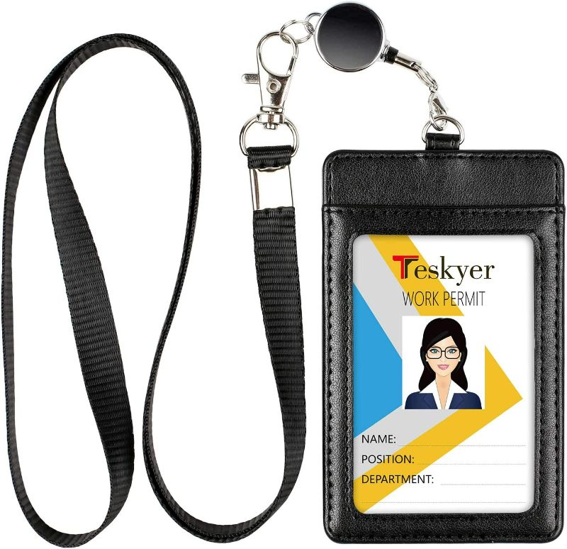 Photo 1 of Teskyer ID Badge Holder with Retractable Lanyard, Easy Swipe Premium PU Leather ID Card Holder with 2 Card Slots for Work ID, School ID, Metro Card and Access Card