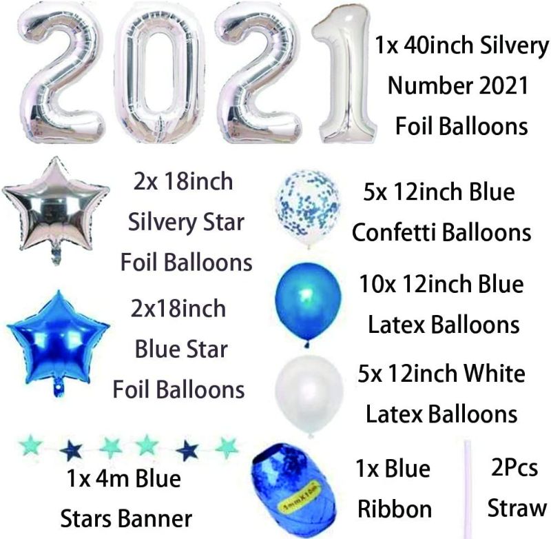 Photo 2 of 2021 Balloons Kit 40In Blue Number Foil Balloons - Silver/Blue Decorations Party Supplies for Happy New Years Eve Party Supplies 2021 Graduation Decorations Metallic Foil Fringe Backdrop (Silvery)