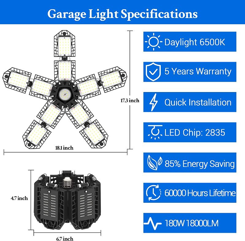 Photo 3 of SUNGDOGIN LED Garage Lights, 180W 18000LM 6500k Deformable LED Garage Light with 10+1 Adjustable Panels for Garage Workshop Basement Shop Warehouse E26/27 