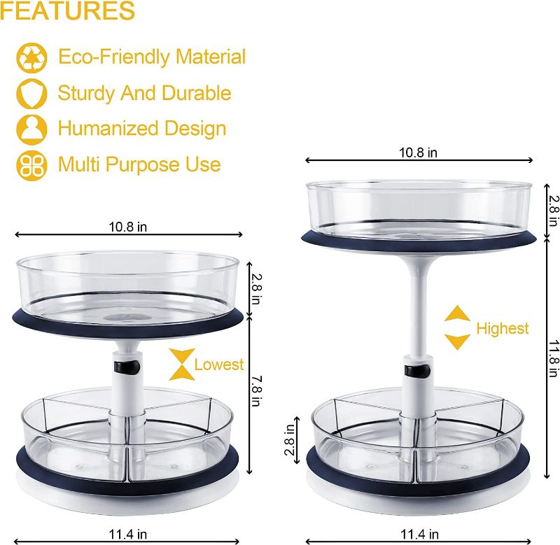 Photo 2 of 2 Tier Lazy Susan Turntable Organizer, 11 Inches Height Adjustable Spice Rack for Kitchen Cabinet, Countertop, Bathroom, Makeup, Pantry Organization and Storage with 4 Removable Bins