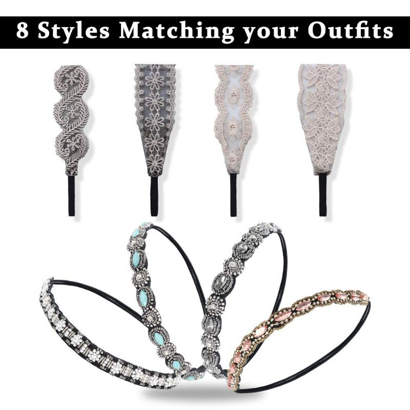 Photo 2 of 8 Pieces Rhinestone Elastic Headbands 1920s Headbands Handmade Crystal Beaded Hairbands 20s Headpieces Elegant Wide Lace Stretch Headbands for Women Party Daily Headwear